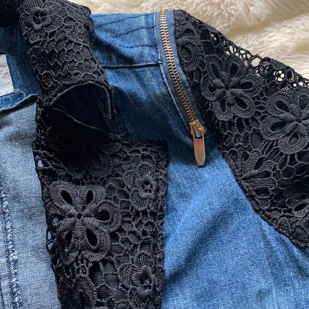 90s Denim and black lace zippers biker motto jean jacket S M